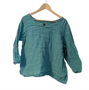 Woman's Inizio Lightweight Teal Linen Peasant 3/4 Sleeve Blouse-Size X-Large